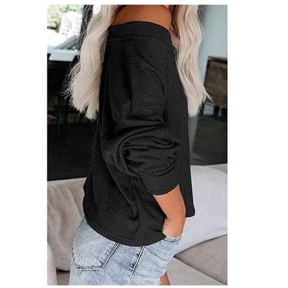 Off Shoulder Long Sleeve Waffle Knit Pullover - Picture 3 of 3